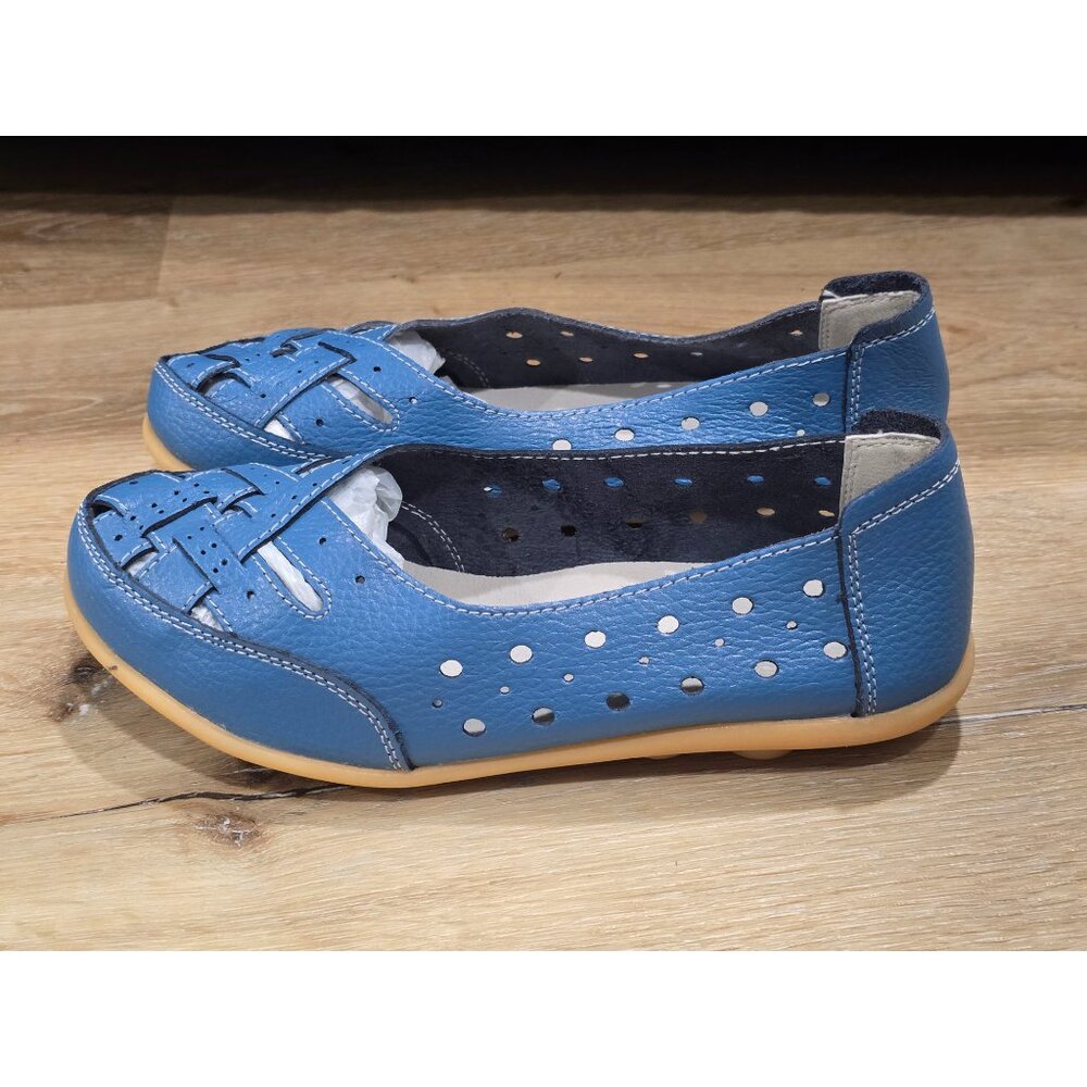 Leather Comfort Flats Blue Perforated Slip On Womens EU 39 US 8 8.5